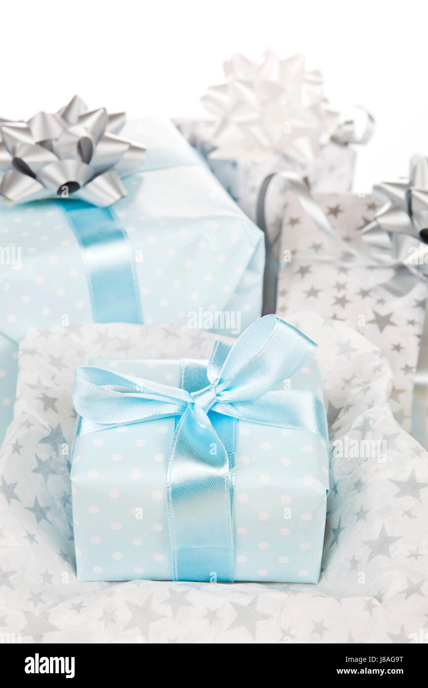 blue, present, beautiful, beauteously, nice, object, isolated, silver, party, Stock Photo