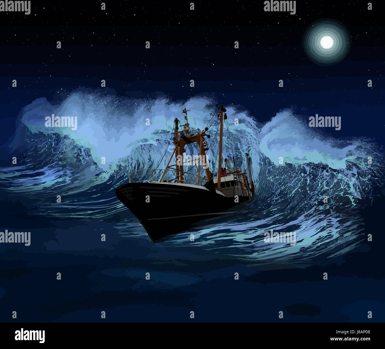 night, nighttime, wave, sink, boat, dark, ship, sinking, rowing boat, sailing Stock Photo