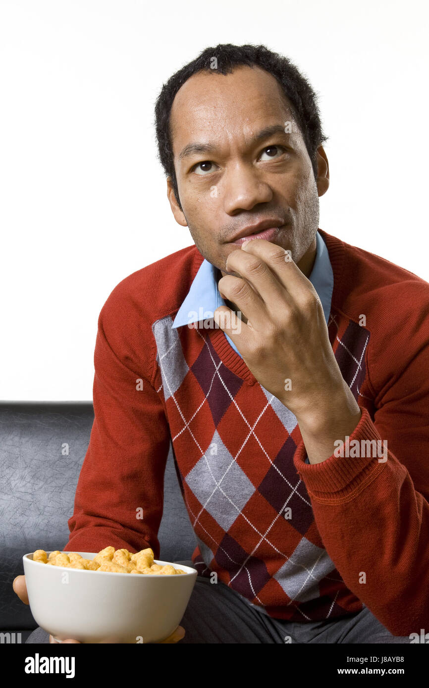 nibble, entertainment, isolated, relaxation, male, masculine, couch, business Stock Photo