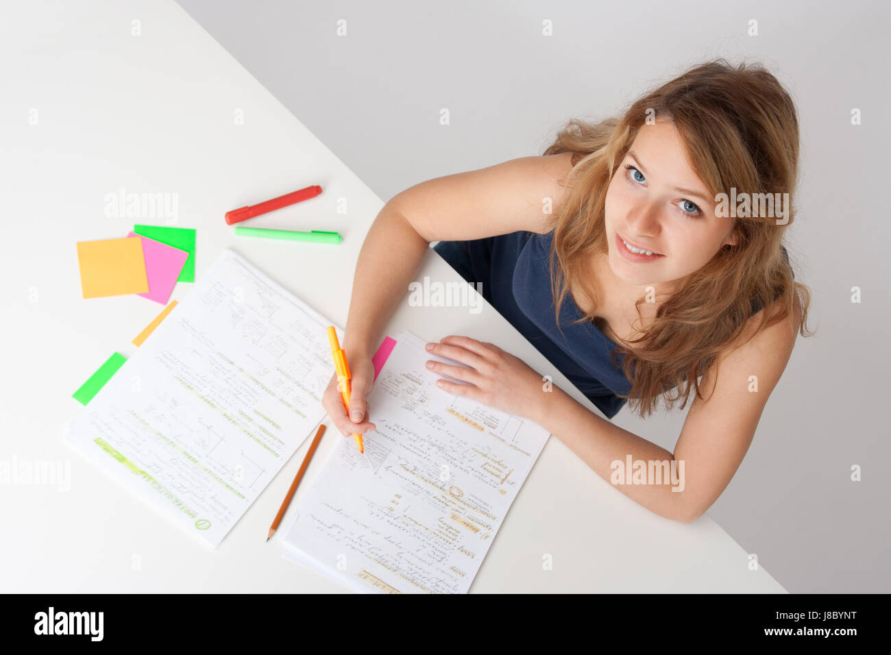 study, student, intellectual, egghead, woman, blue, laugh, laughs, laughing, Stock Photo
