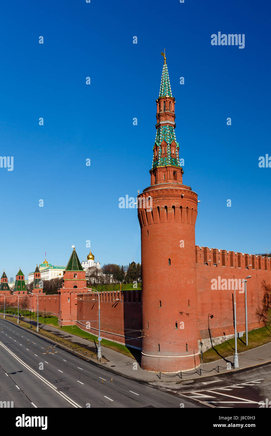 Moscow Kremlin Wall and Beklemishevskaya Tower, Russia Stock Photo