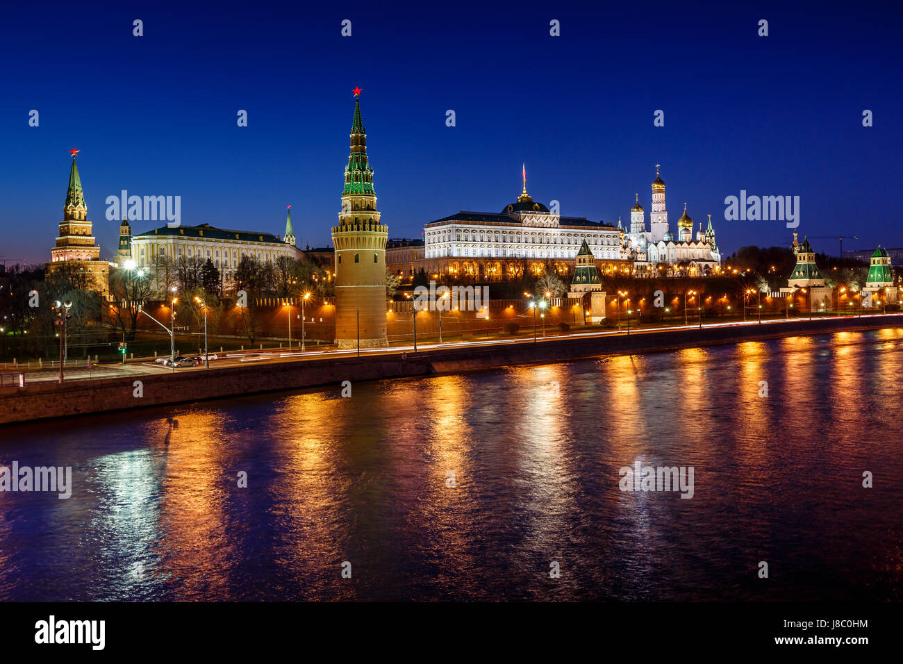 Moscow Kremlin Embankment and Vodovzvodnaya Tower in the Night, Russia Stock Photo