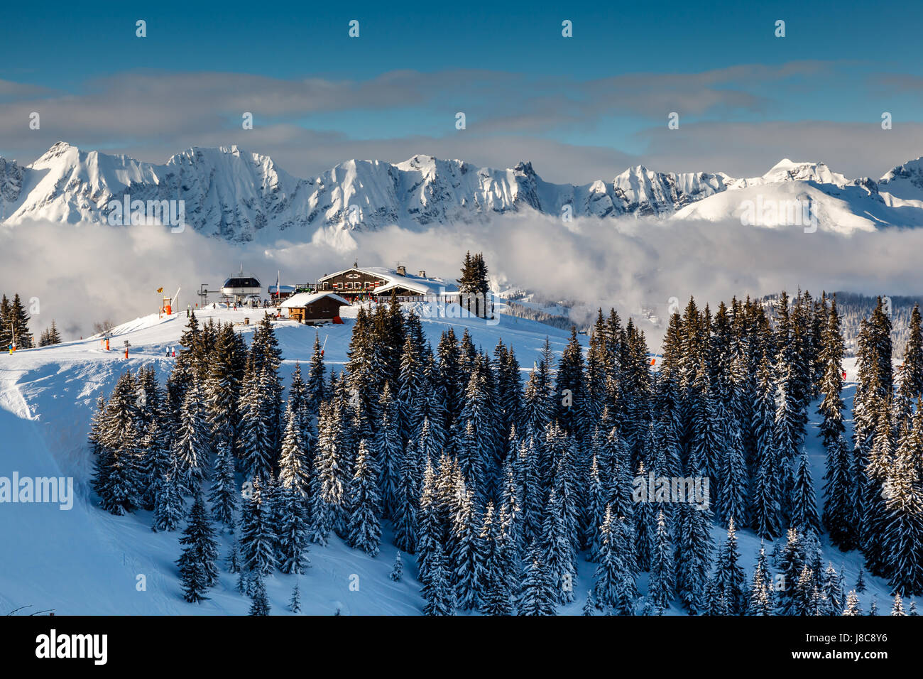 Ski Restaurant on the Mountain Peak near Megeve in French Alps, France Stock Photo