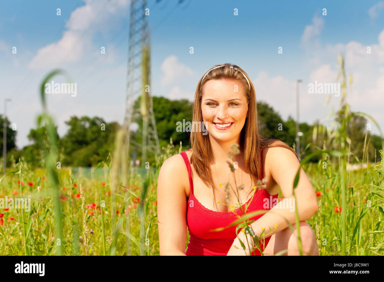 woman, field, crouch, crouching, put, sitting, sit, meadow, grain, cereal, Stock Photo