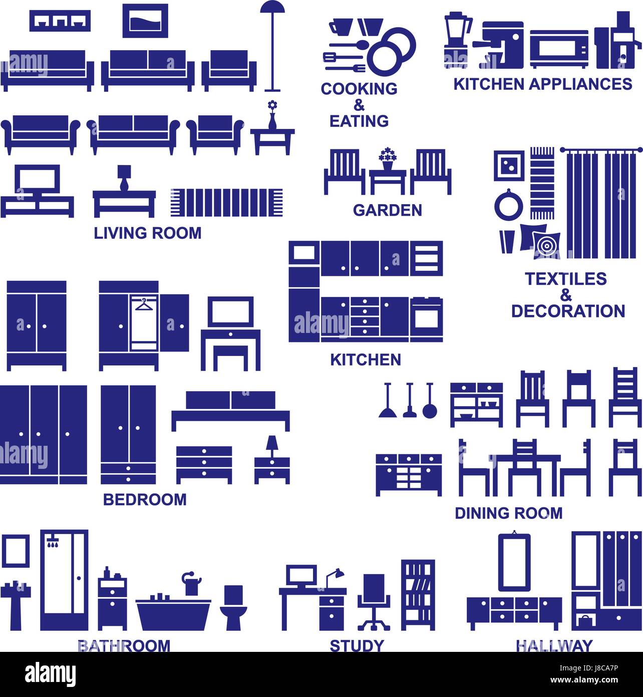 Furniture and home equipment related vector silhouette icons set Stock Vector