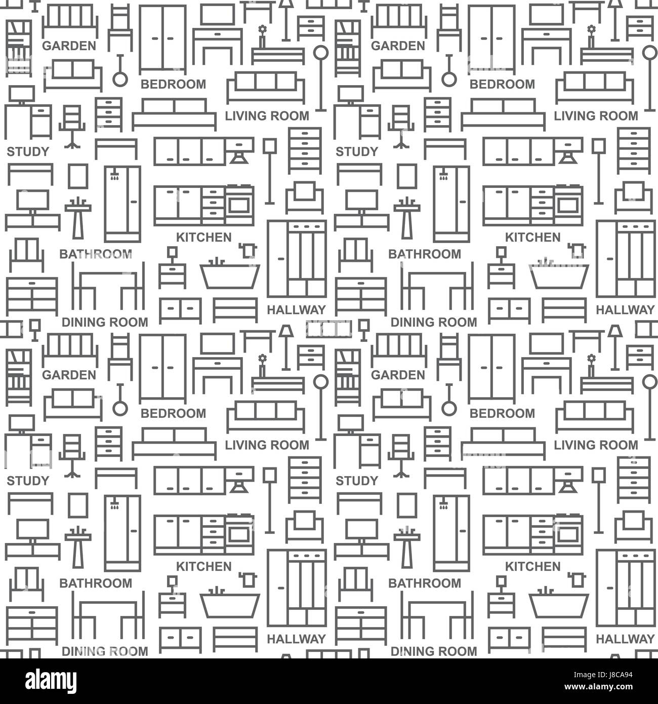 Furniture themed vector seamless outline pattern background 3 Stock Vector