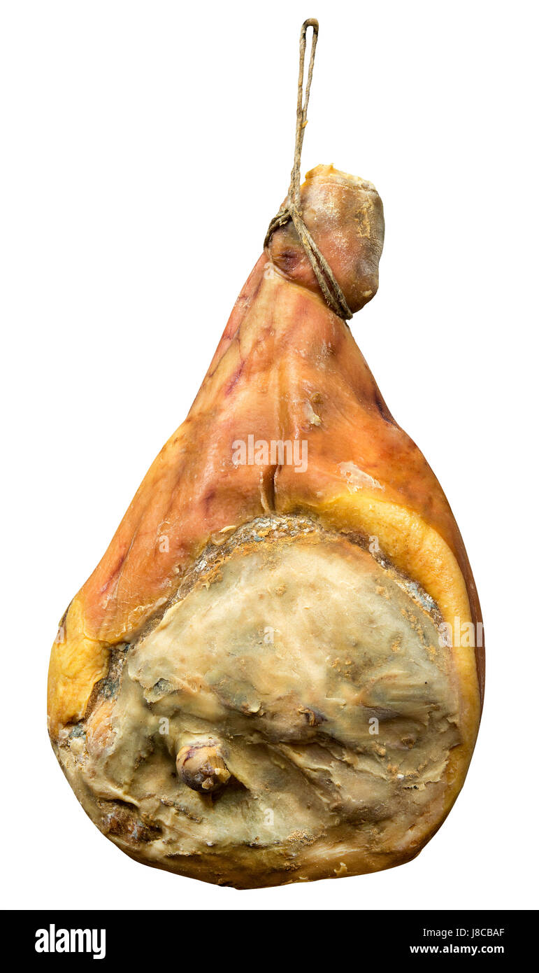 Leg of Italian speciality dry-cured prosciutto ham hanging on a string in a butchery isolated on white Stock Photo