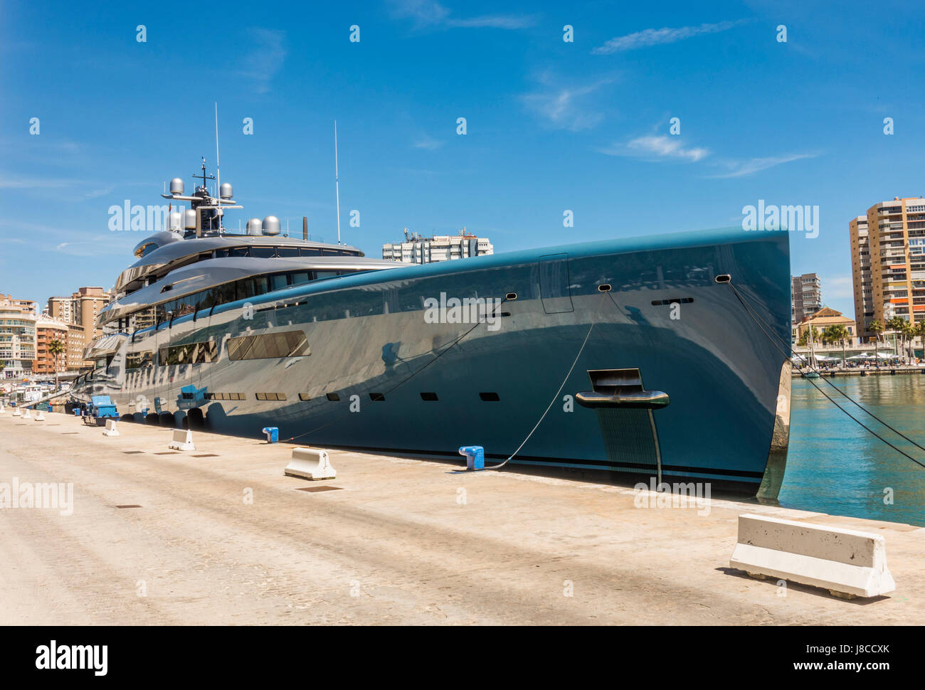 Aviva mega yacht, super yacht, yacht, yachts, owned by British billionaire businessman Joe Lewis, moored in the port of Malaga, Andalusia, Spain. Stock Photo
