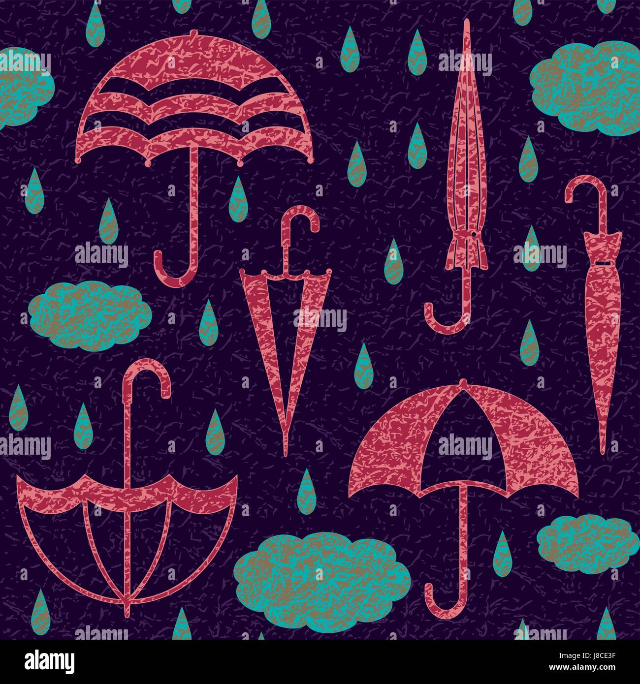 Textured umbrellas with clouds and raindrops vector seamless pattern ...