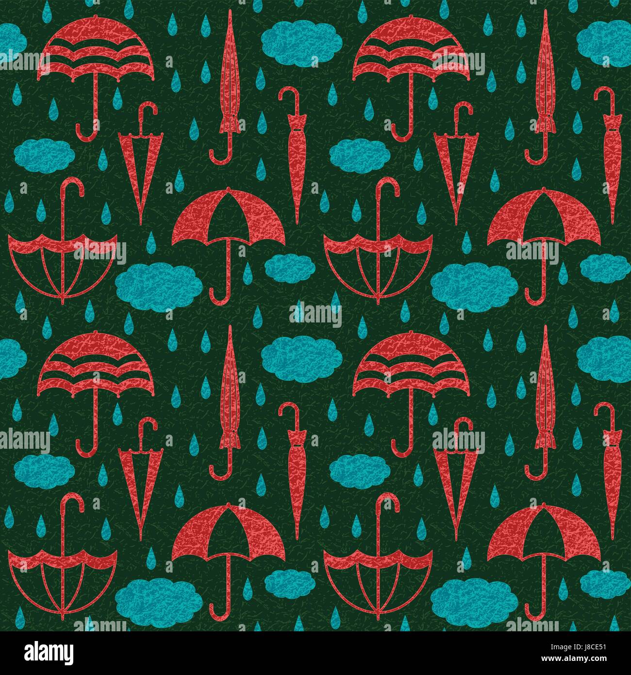 Textured umbrellas with clouds and raindrops vector seamless pattern ...