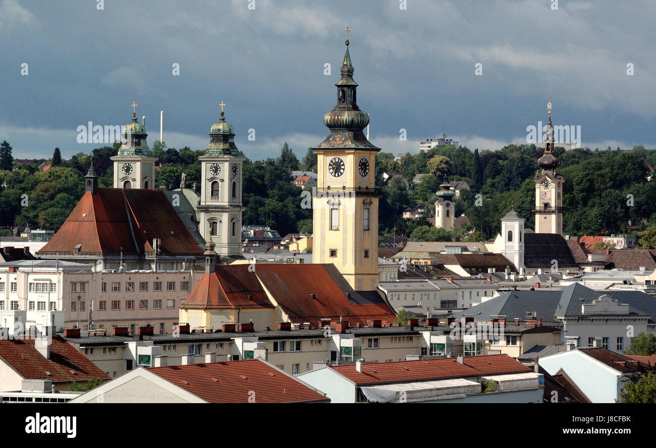 steeples of old linz Stock Photo
