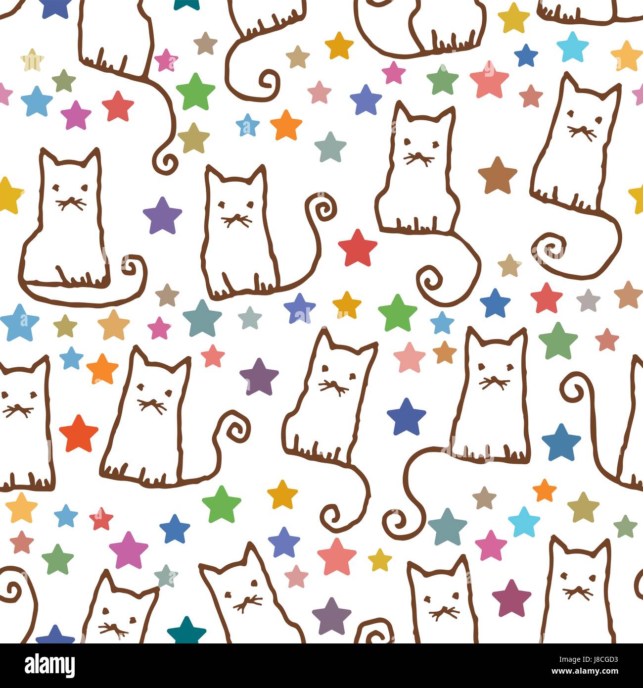 Hand drawn vector seamless pattern with cats and stars Stock Vector ...