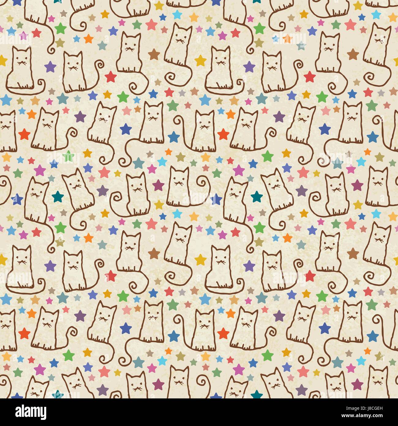 Vintage hand drawn vector seamless pattern with cats and stars Stock ...