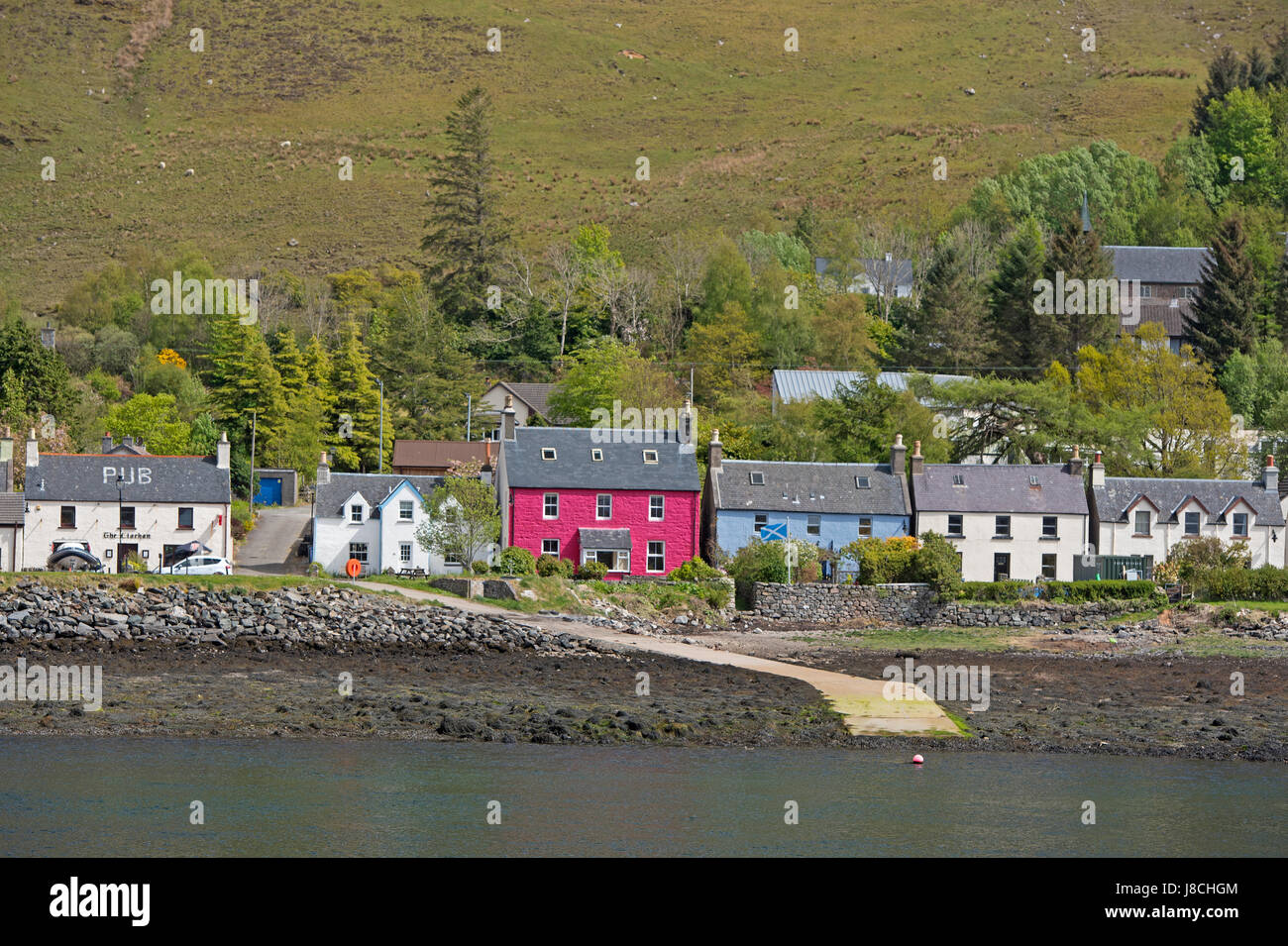 The Scottish north west coast sea front village of Dornie with