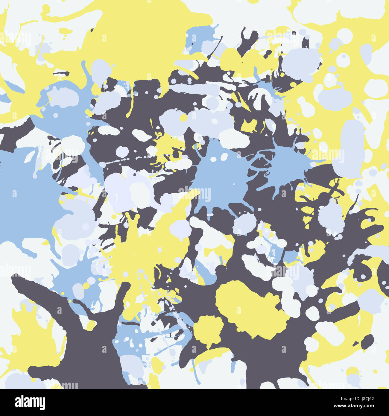 Yellow blue grey ink paint splashes colorful background square Stock
