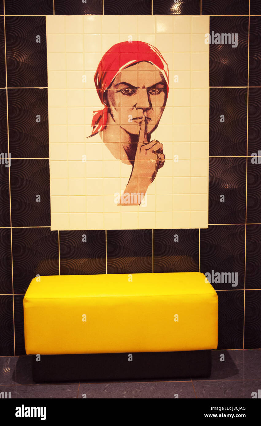 One of the most famous posters of World War II reproduced on women's restroom tiles at Bunker-42, anti-nuclear underground facility built in 1956 Stock Photo
