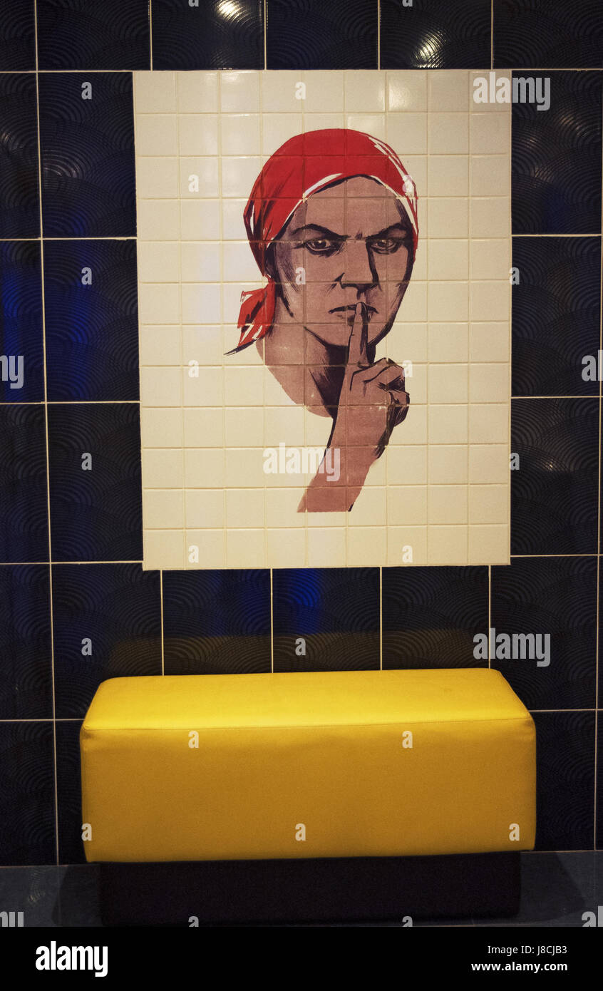 One of the most famous posters of World War II reproduced on women's restroom tiles at Bunker-42, anti-nuclear underground facility built in 1956 Stock Photo
