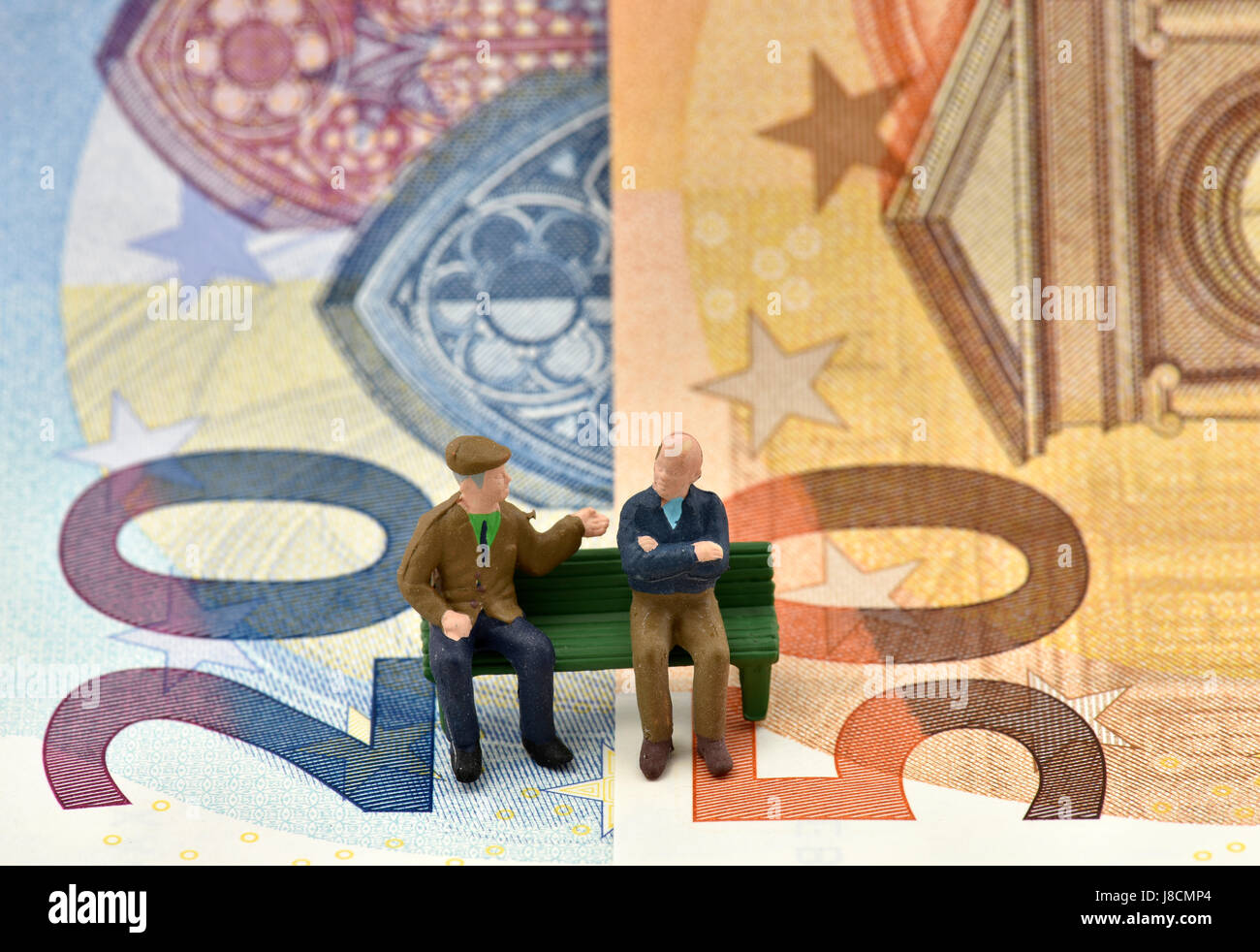 Symbolic image pension, pensioner, long-term care insurance, private and state provisions, bank notes, euro Stock Photo