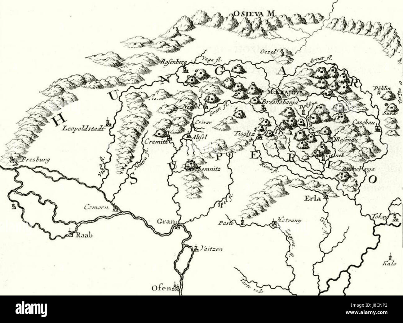 Mining area around Schemnitz in Danubius Pannonico Mysicus 1726 by Marsigli Stock Photo