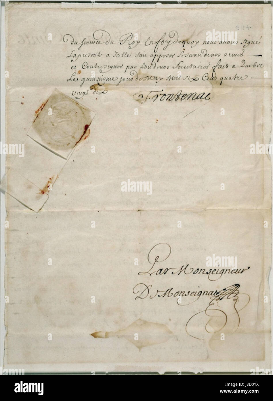 This historical scene shows Frontenac appointing Le Moyne de Maricourt, a significant event in Canadian history, demonstrating the colonial governance of New France. Stock Photo