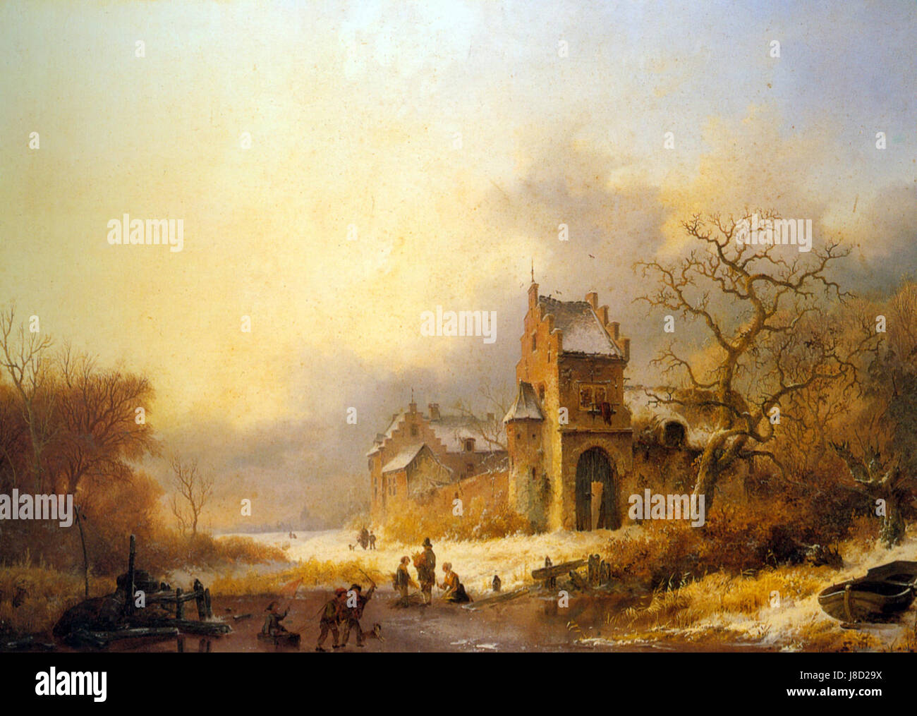 Kruseman Fredrik Marinus Figures on a frozen river in a winter landscape 1849 Oil On Panel Stock Photo