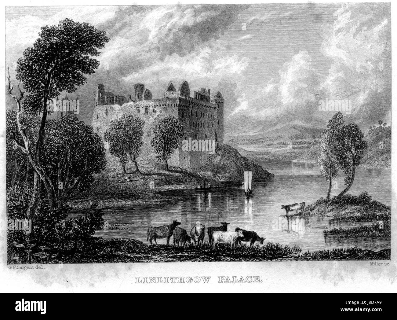 Linlithgow Castle engraving by William Miller after G F Sargent Stock ...