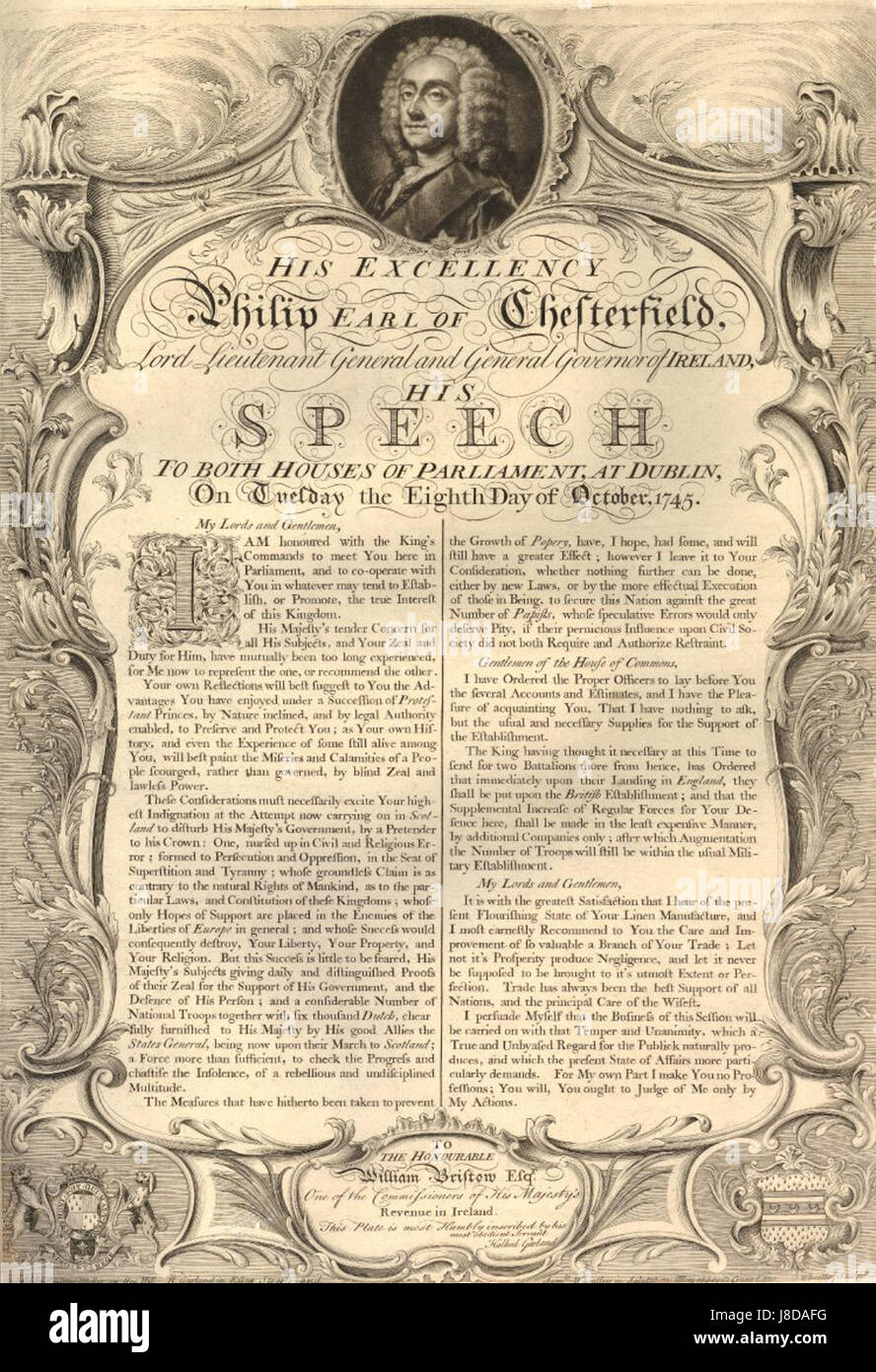 His Excellency Philip Earl of Chesterfield His speech to the English and Irish parliaments 1745 Stock Photo
