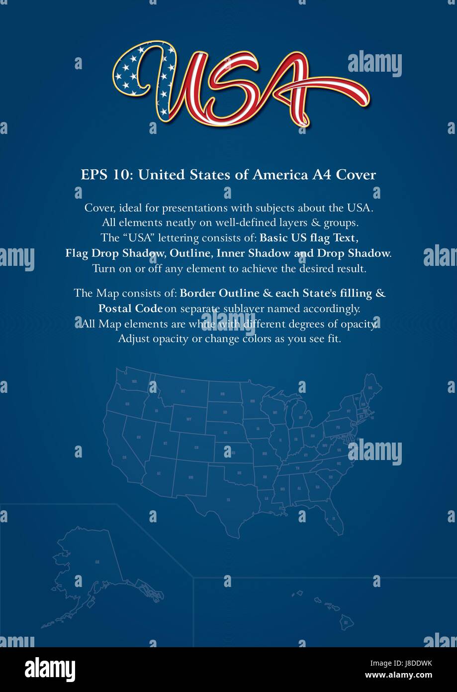 Cover mock-up consists of a custom-made “USA” lettering, the United States map and copy space. The lettering follows the flow of a waving American fla Stock Vector