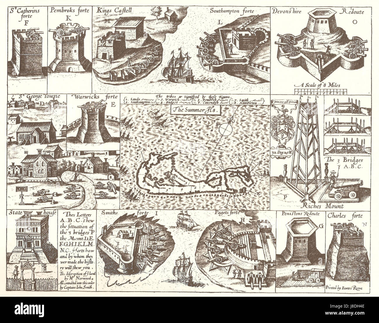 John Smith 1624 map of Bermuda with Forts 01 Stock Photo