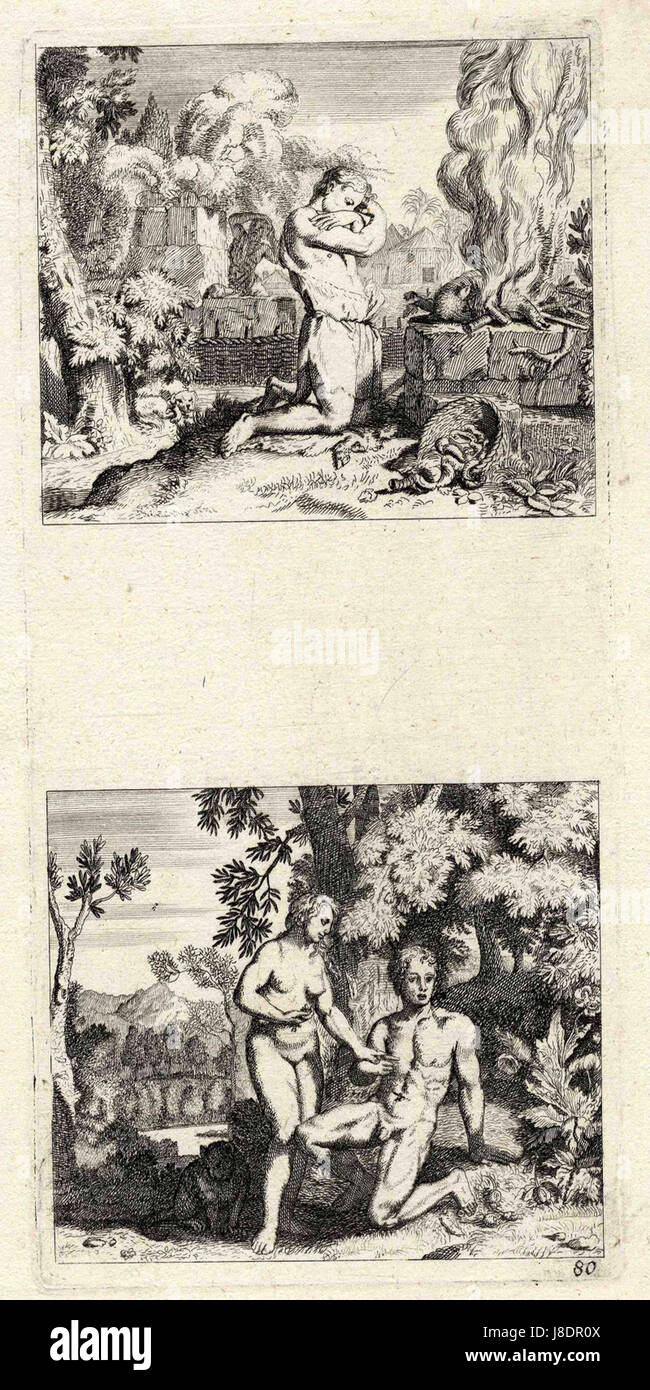 Illustrationen zum Alten Testament (Abel vor dem Opfer kniend; Adam und Eva vor dem Baum der Erkenntnis) ubs G 0853 II Stock Photo