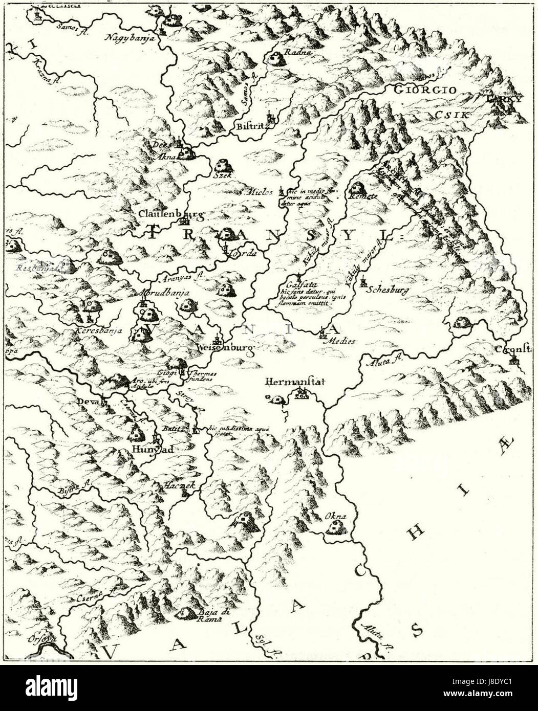 Mining Map of Northern Transylvania in Danubius Pannonico Mysicus 1726 by Marsigli, v2 Stock Photo