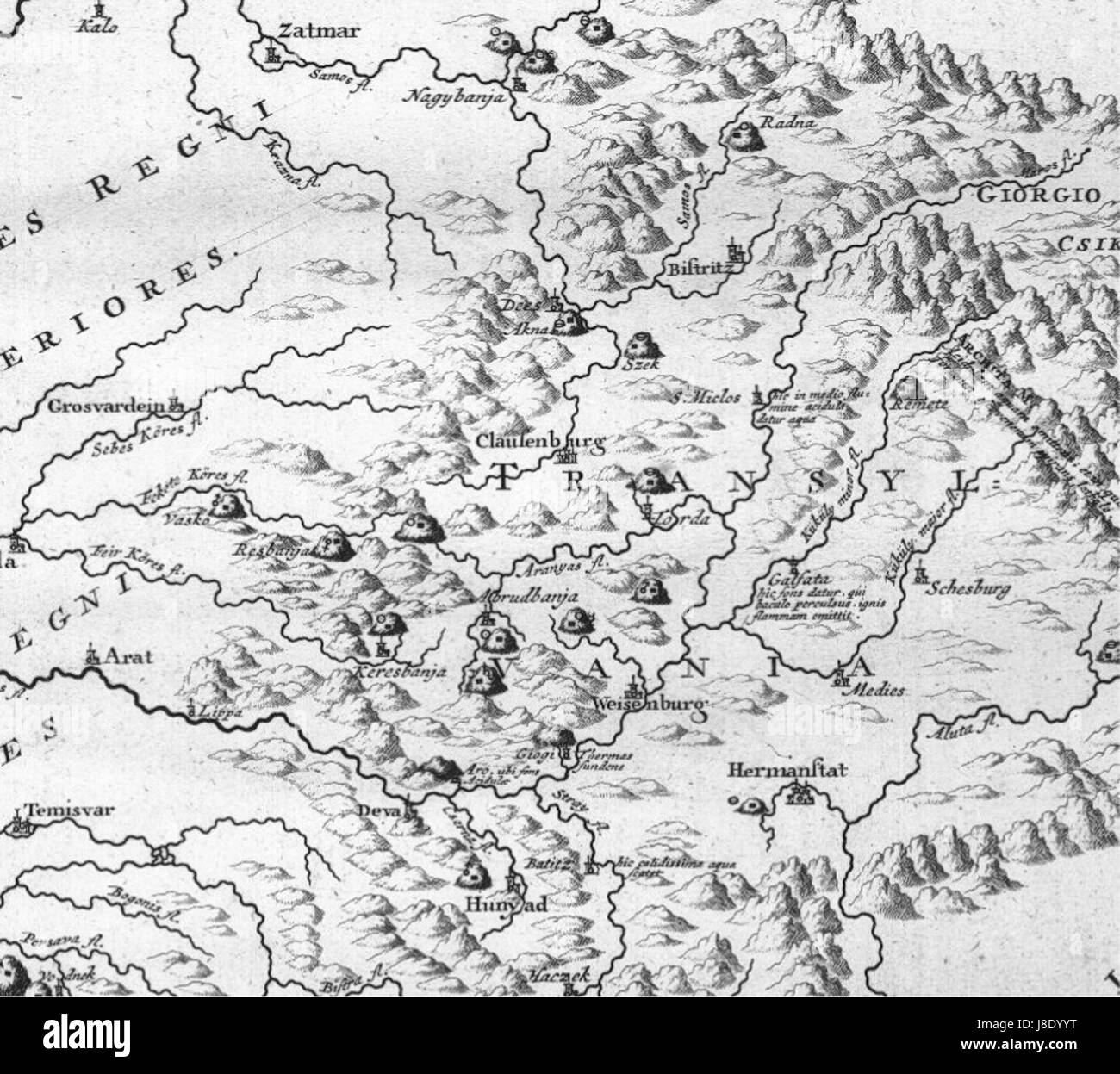 Mining Map of Northern Transylvania in Danubius Pannonico Mysicus 1726 by Marsigli Stock Photo
