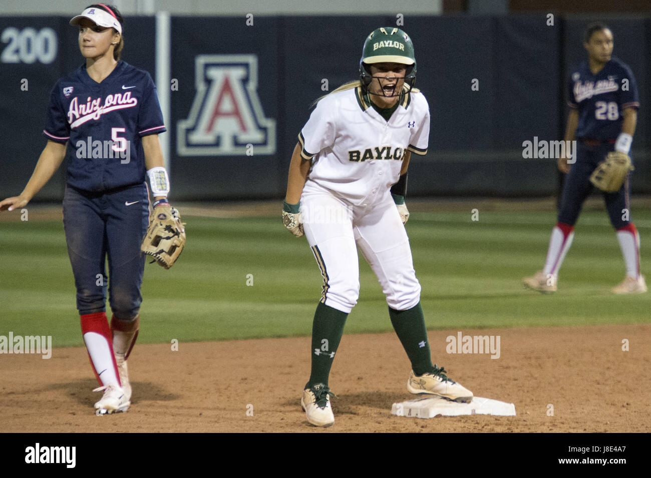 Tucson, Arizona, USA. 27th May, 2017. Baylor TAYLOR ELLIS (3) yells after hitting 2 run RBI to take the lead 6-4 against Arizona during the NCAA Women's College World Series Super Regional Tournament on Saturday, May 27, 2017, at Rita Hillenbrand Memorial Stadium in Tucson, Arizona. Baylor won game two of a best of three game series 6-4 against Arizona of the Super Regionals in the Women's College World Series. Credit: Jeff Brown/ZUMA Wire/Alamy Live News Stock Photo