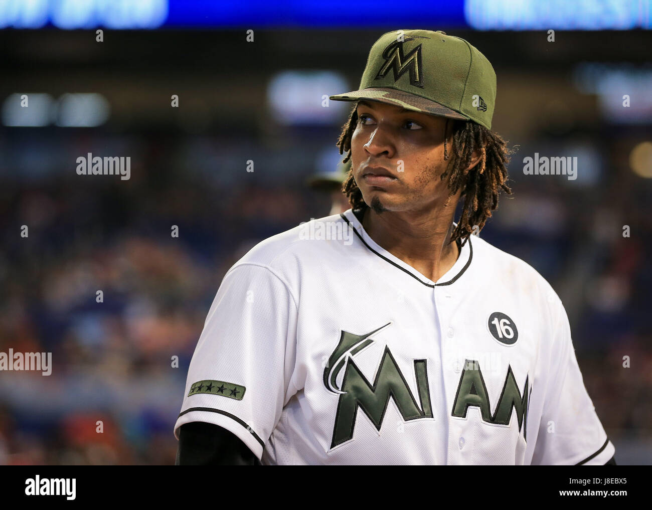 Miami, Florida, USA. 28th May, 2017. Miami Marlins opening pitcher Jose Urena (62) returns to the dugout during a MLB game between the Los Angeles Angels and the Miami Marlins at the Marlins Park, in Miami, Florida. The Marlins won 9-2. Mario Houben/CSM/Alamy Live News Stock Photo