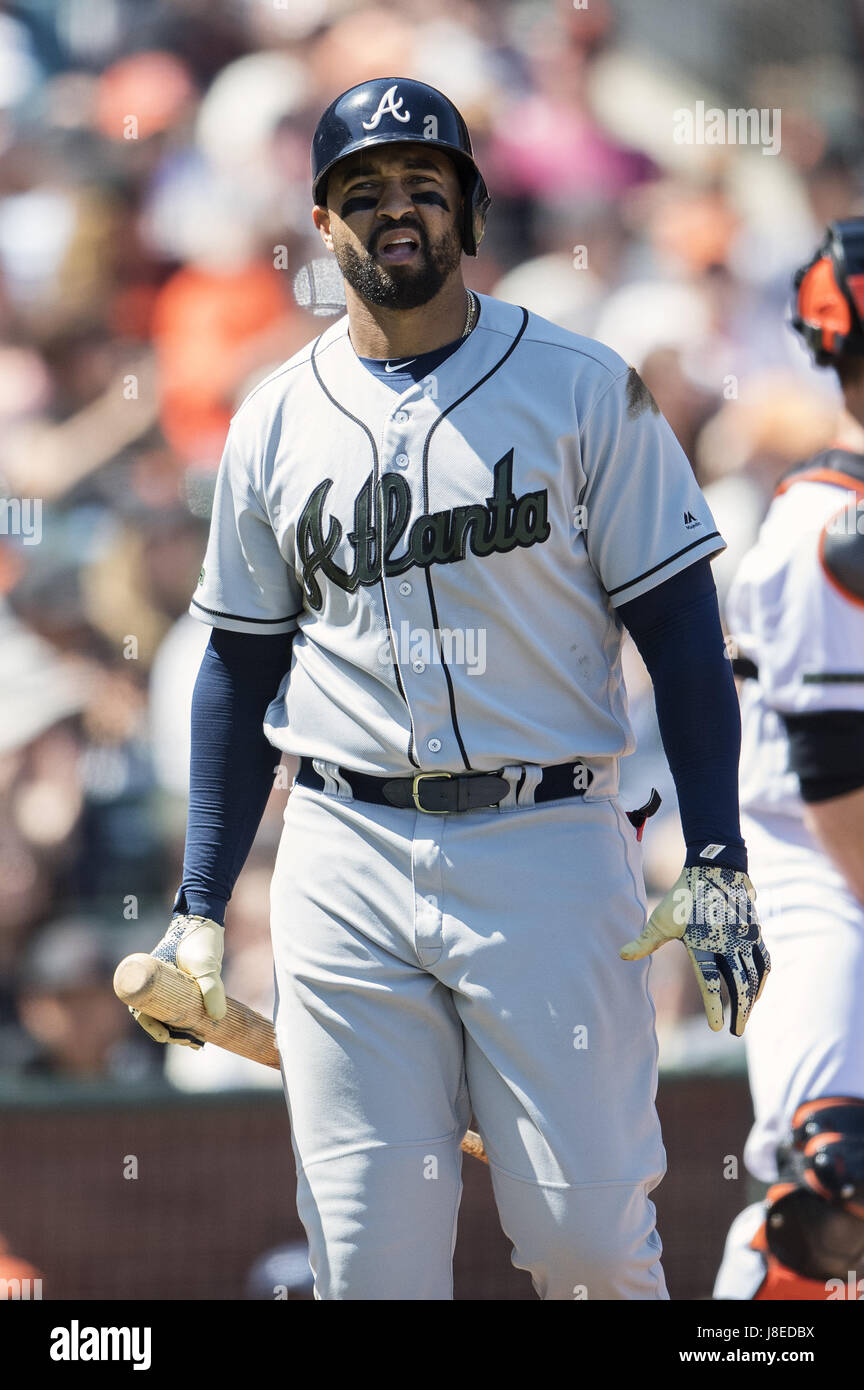 San Francisco, California, USA. 28th May, 2017. Atlanta Braves left fielder Matt Kemp (27) reacts after striking out in the eighth inning of a MLB baseball game between the Atlanta Braves and the San Francisco Giants at AT&T Park in San Francisco, California. Valerie Shoaps/CSM/Alamy Live News Stock Photo