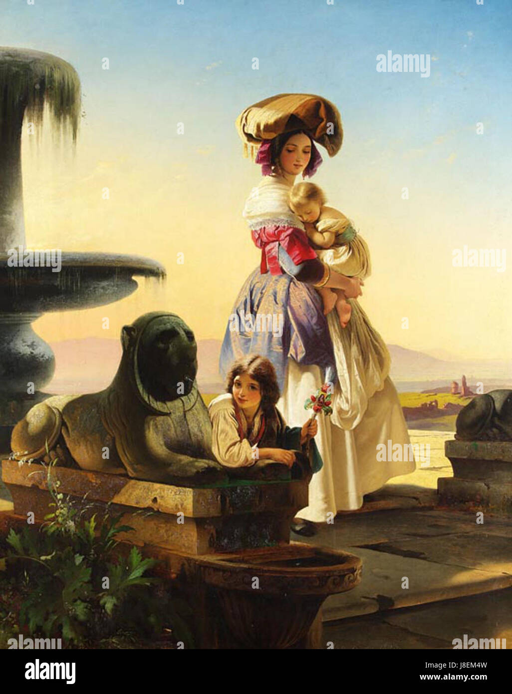 An image of an Italian woman with children on a staircase, possibly reflecting family life and social norms in Italy. The scene is likely a historical portrayal of domestic life. Stock Photo