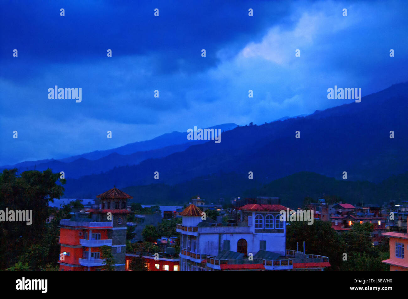 Pokhara and Lake Phewa in Nepal in the evening Stock Photo