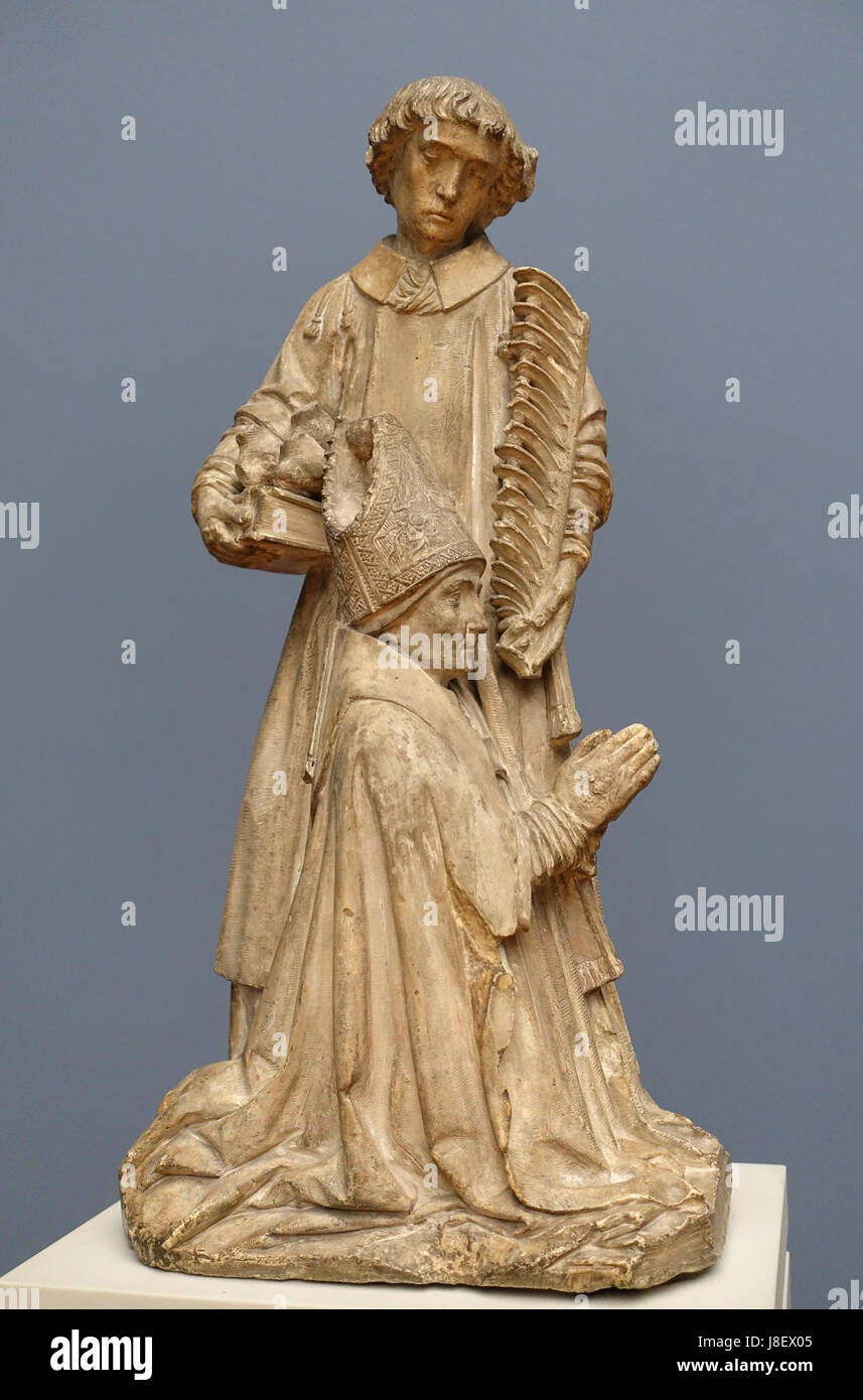 Kneeling Bishop with St. Stephen as a Supplicant, by Jacques Morel or his circle, c. 1450, limestone   Bode Museum   DSC03235 Stock Photo