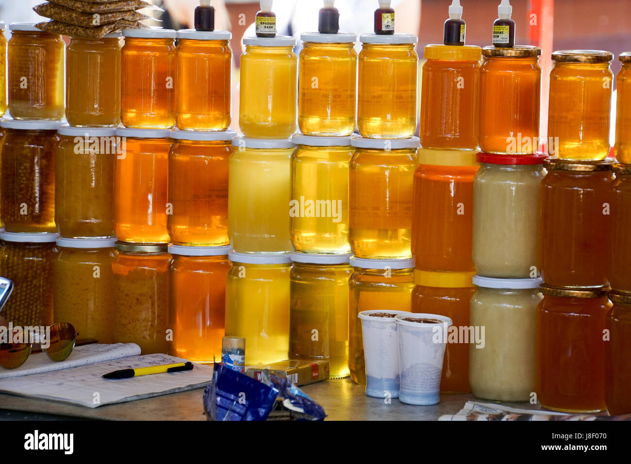Jars of honey for sale at the Belgrade Food Market Stock Photo Alamy