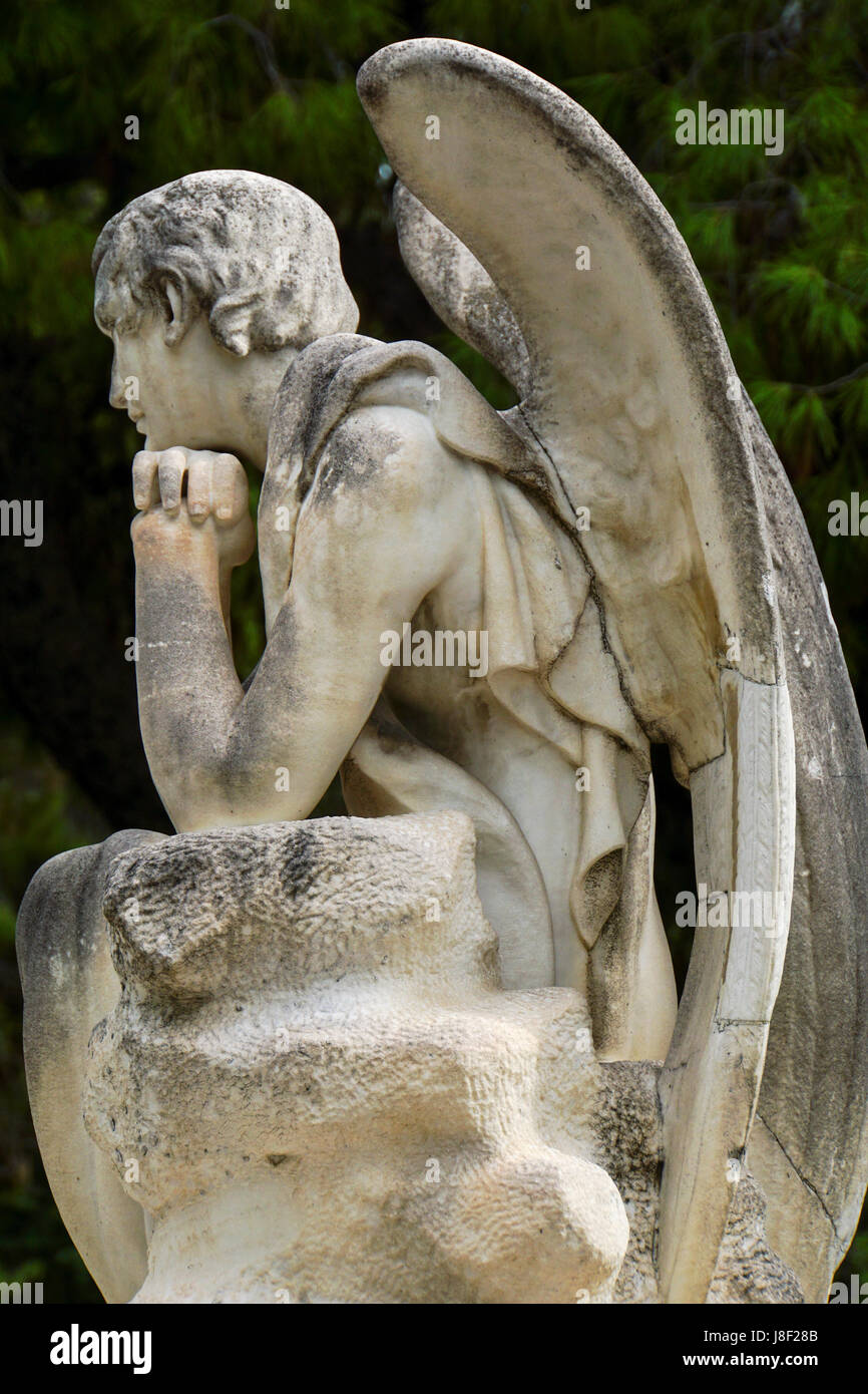 weeping angel statue at a Cemetery Athens, Greece Stock Photo