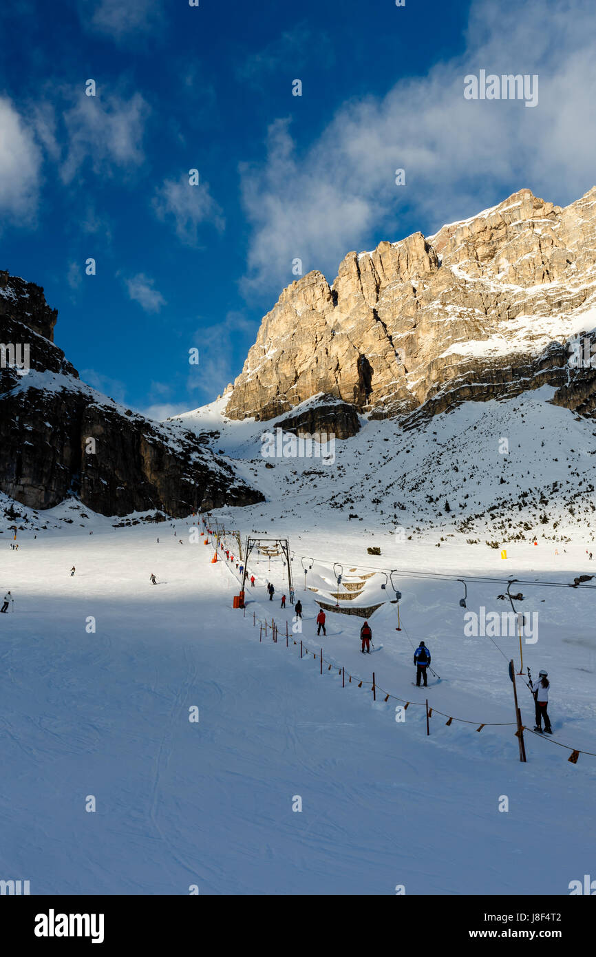 T-bar Lift on the Skiing Resort of Colfosco, Alta Badia, Dolomites Alps, Italy Stock Photo