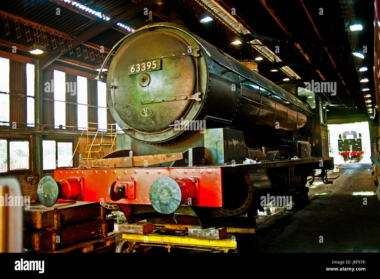 Q6 No 63395 without its wheels in Grosmont motive power depot awaiting overhaul, North Yorkshire Moors railway Stock Photo