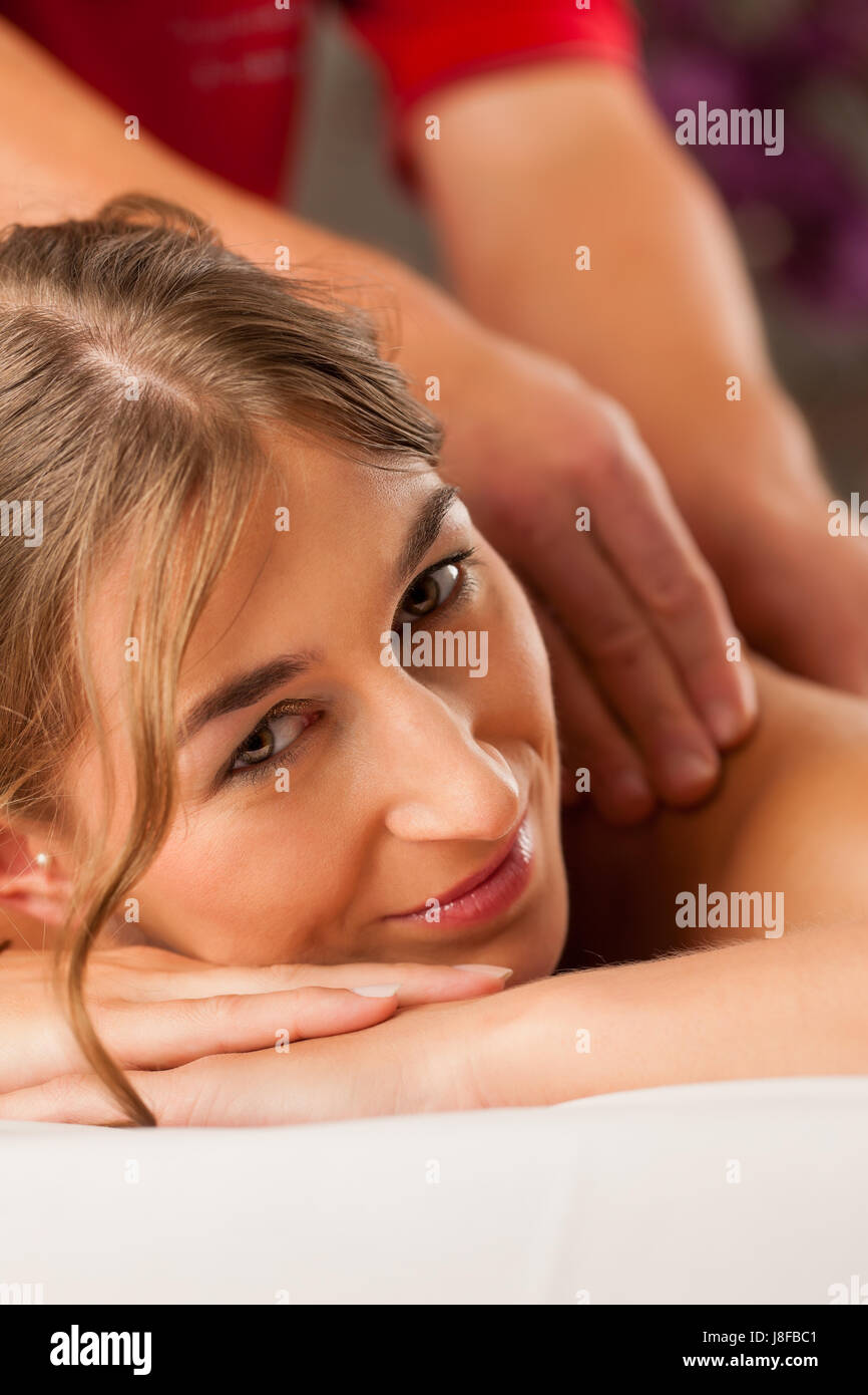 woman, back, massage, to give a jerk, masseuse, spa, wellness, humans, human Stock Photo