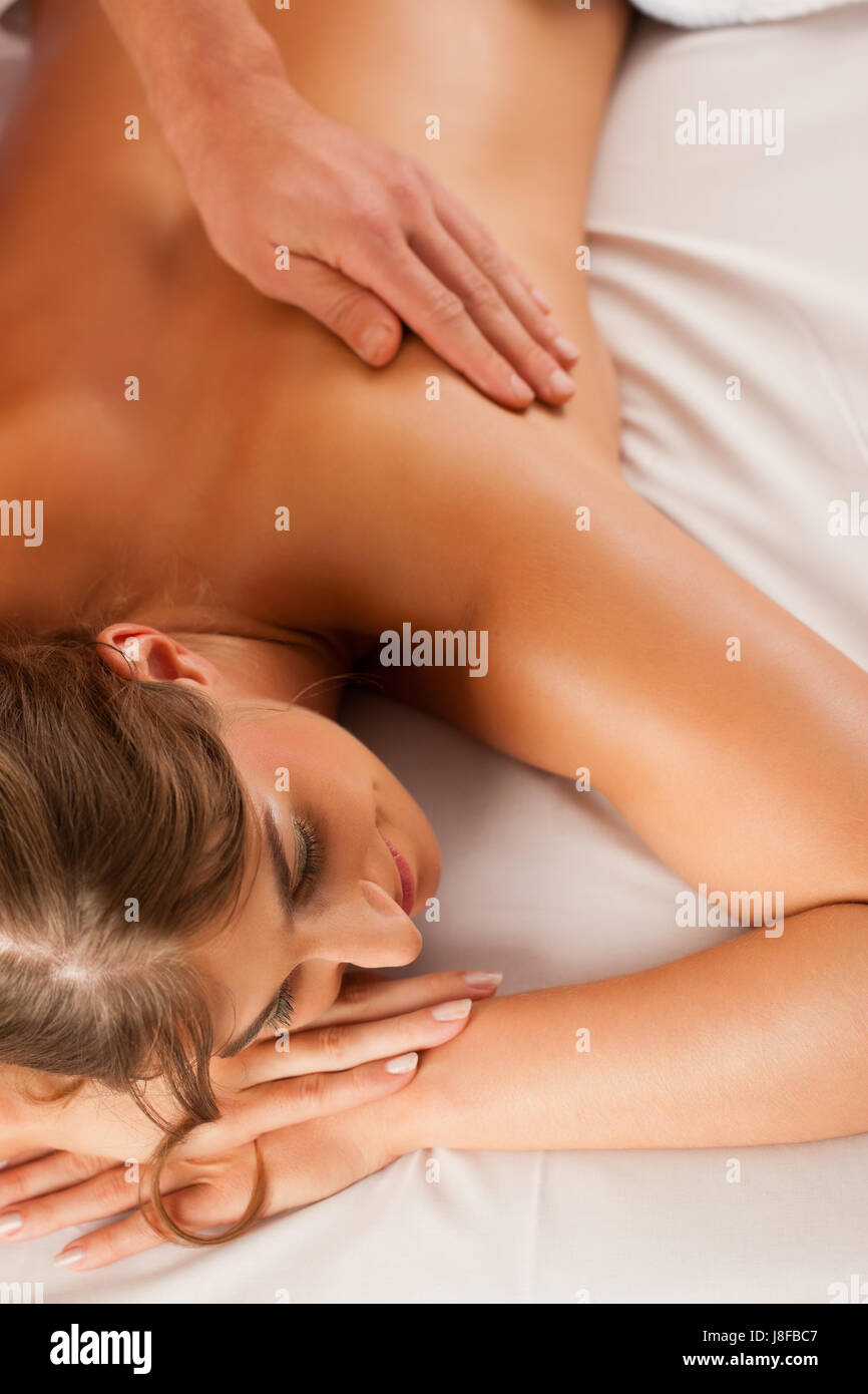woman, back, massage, to give a jerk, masseuse, spa, wellness, humans, human Stock Photo