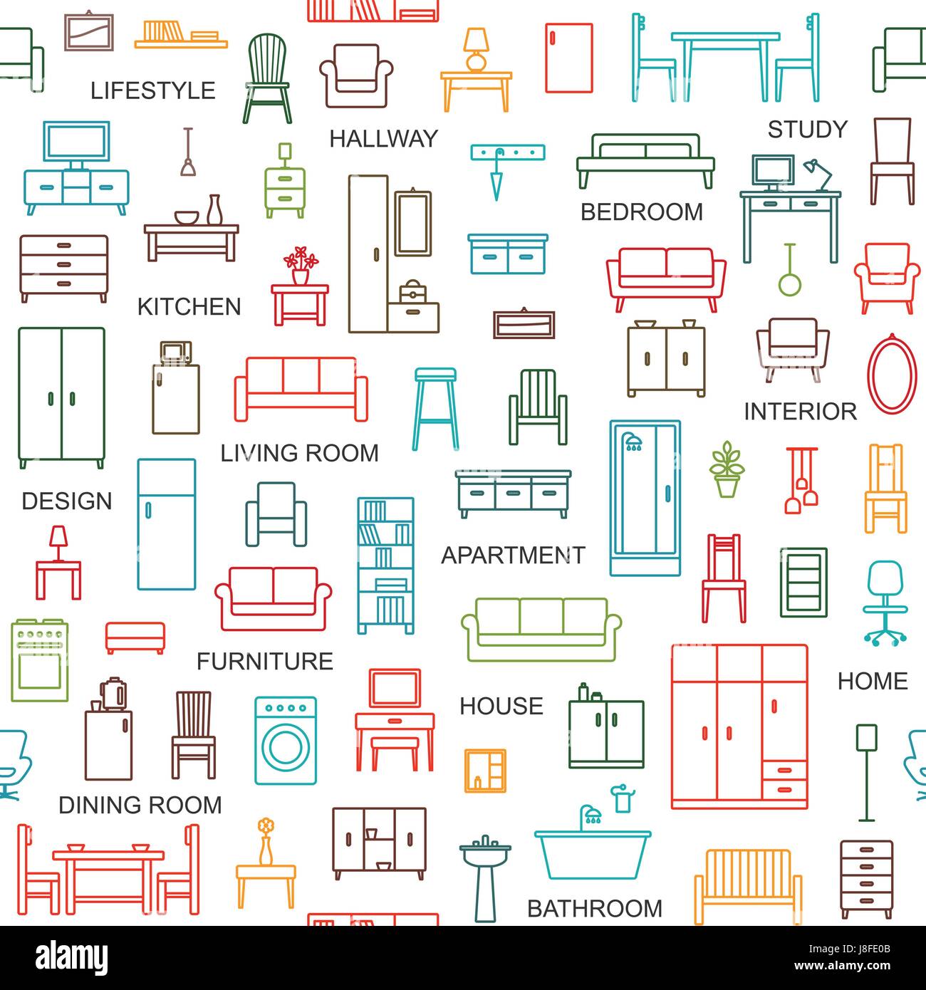Vector seamless pattern background with home furniture outline icons 4 ...