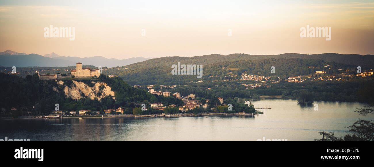 Rocca di Angera castle  aerial Lake Maggiore at sunset Lombardy region Italy Stock Photo