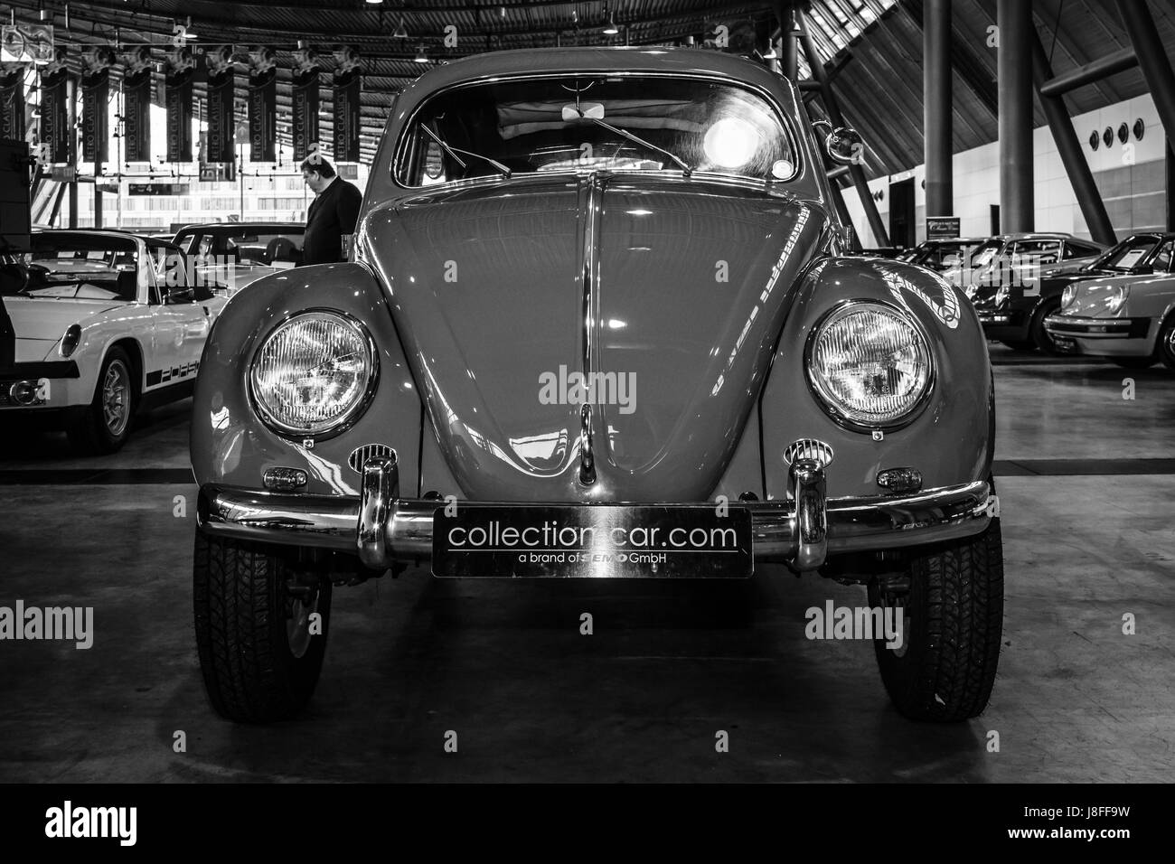 STUTTGART, GERMANY - MARCH 04, 2017: Subcompact Volkswagen Beetle, 1973. Black and white. Europe's greatest classic car exhibition 'RETRO CLASSICS' Stock Photo