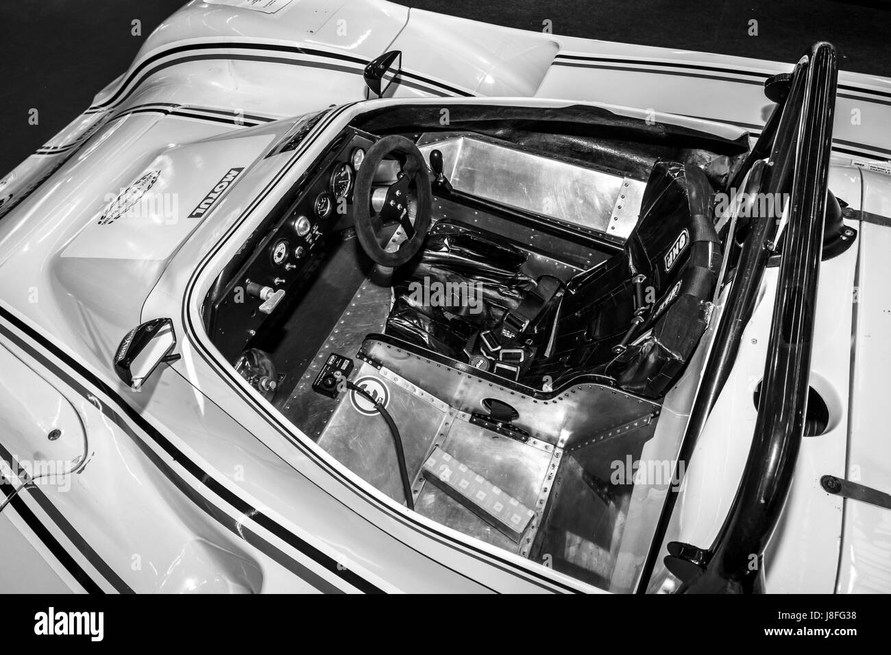 Interior of the sports car Lucchini Sport Prototipo, 1989. Black and white.  Europe's greatest classic car exhibition 'RETRO CLASSICS' Stock Photo