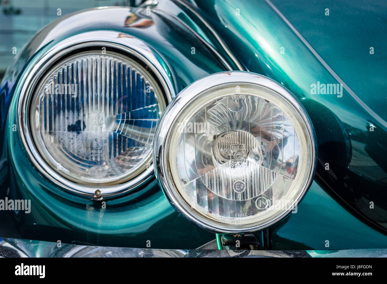 STUTTGART, GERMANY - MARCH 04, 2017: Headlamp of a compact car Volkswagen Beetle Cabrio, 1976. Close-up. Europe's greatest classic car exhibition 'RET Stock Photo
