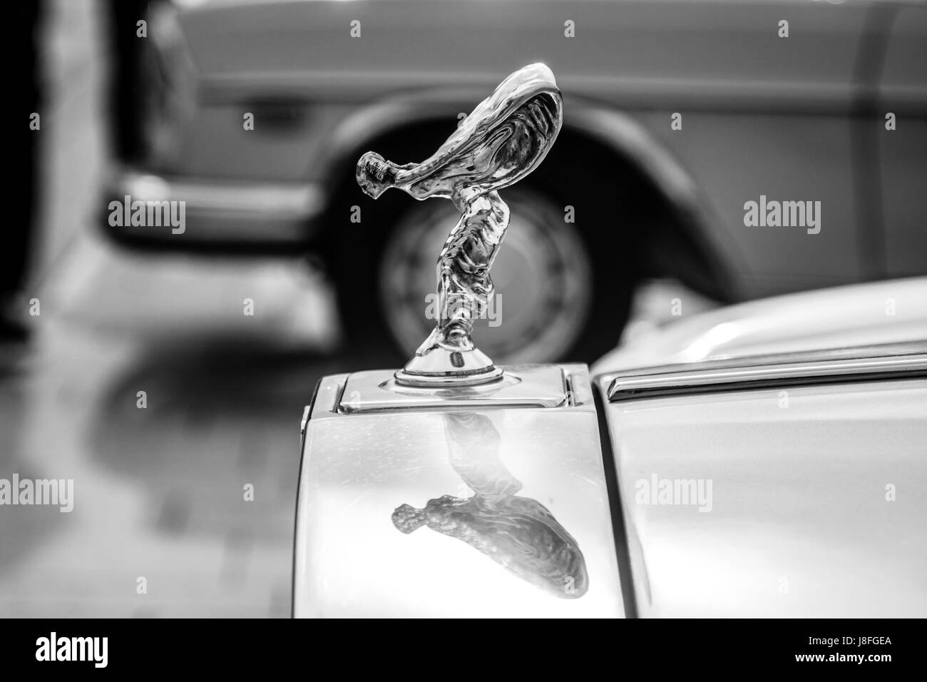STUTTGART, GERMANY - MARCH 04, 2017: The famous emblem 'Spirit of Ecstasy' on the Rolls-Royce Silver Spirit. Black and white. Europe's greatest classi Stock Photo